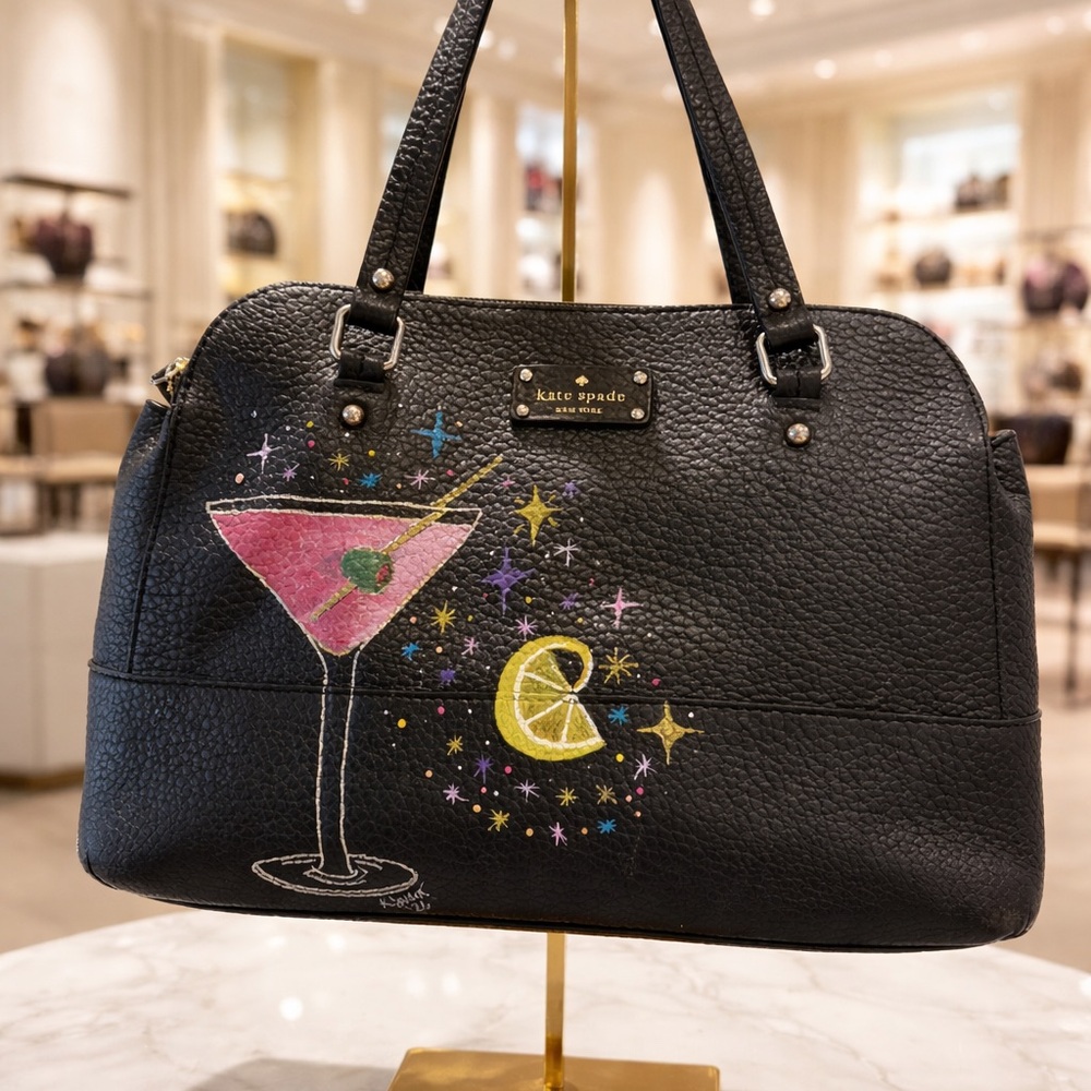 Kate Spade Wellesley Alessa Black Pebbled Leather Satchel – Hand Painted 1 of 1 - Picture 6 of 16